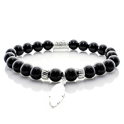 Onyx 925 Sterling Silber Armband Bracelet Perlenarmband Feder schwarz 8mm - Bild 1 von 4