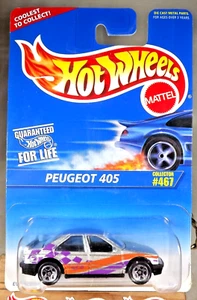 Tarjeta Hot Wheels 1995 azul/blanca #467 Peugeot 405 plateada con cromo variante 5 sp - Imagen 1 de 5