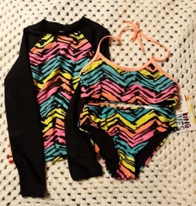 GIRL'S SIZE 10 THREE PIECE BATHING SUIT LONG SLEEVED RASH GUARD BIKINI TOP BNWT - Picture 1 of 10