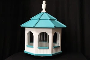 Lg Gazebo Vinyl Bird Feeder Amish Homemade Handcrafted White & Teal - Picture 1 of 1