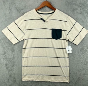 Faded Glory Boys 18 2XL T Shirt Beige Blue Stripe Henley V Neck Short Sleeve NWT - Picture 1 of 12