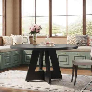 Roesler 47 in. Black Round Wood Pedestal Dining Table for 4,Stylish & Functional - Picture 1 of 7