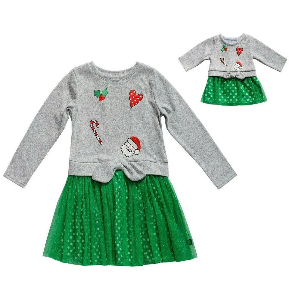 Девочка и кукла соответствующий рождественское платье серый зеленый подходит American девочек 18» Sz 4-10 - Изображение 1 из 1