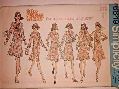 Dress Top Skirt Scarf Simplicity Sewing Pattern 6849 Size 10 Midi VTG 70s UC FF  - Image 1 of 4