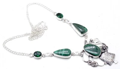 925 Sterling Silver Malachite & Chrome Gemstone Jewelry Necklace Size-17-18 - Image 1 of 4