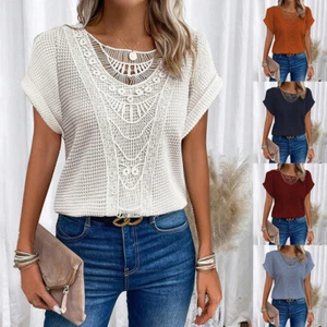 Women Casual Loose Short Sleeve Floral Tops Ladies Hollow Out Blouse T Shirt Tee - Picture 1 of 21