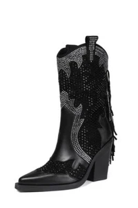 Women's Fashion Pointy Toe Diamante Tassel Block Heel Western Boots Shoes QAAS - Picture 1 of 13