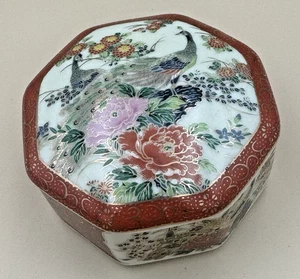 Vintage Action Japan Porzellan Pfau Schmuckschatulle 3" Sechseck Floral vergoldet - Bild 1 von 5