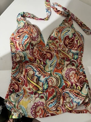Ralph Lauren Paisley Tropical Tankini Halter Swim Top Only Ruched Women Size 10 - Image 1 of 4