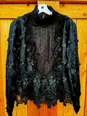 Anna Sui Top Victorian Lace Floral Black Size 8 Evening Occasional - Image 1 of 4