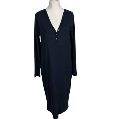 Polo Ralph Lauren Sweater Dress Blue Ribbed Long Sleeve V-Neck Elbow Patch Sz XL - Image 1 of 4