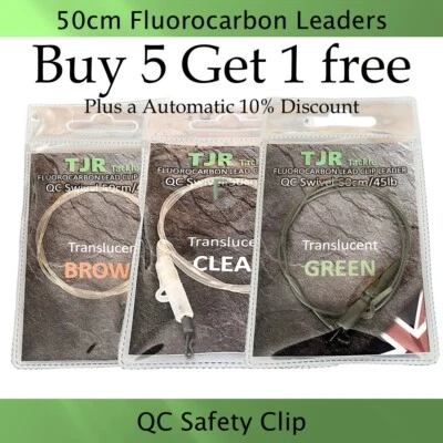 Carp Leaders Fluorocarbon 50cm Fishing Tackle Safety Clips Quick Change Swivels - Image 1 of 4