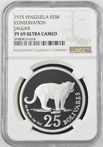 1975 SILVER VENEZUELA JAGUAR CONSERVATION 25 BOLIVARS COIN NGC PF 69 UC - Picture 1 of 2