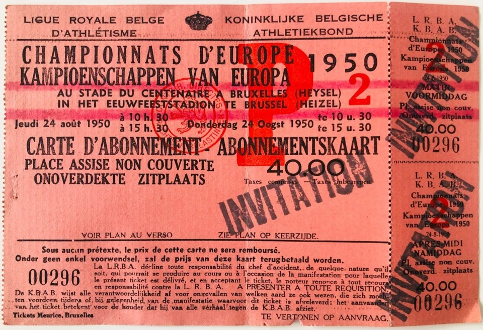 1950 Europeo Championship Atletica - Brussells Heysel Stadio Non Usato Biglietto - Immagine 1 di 1