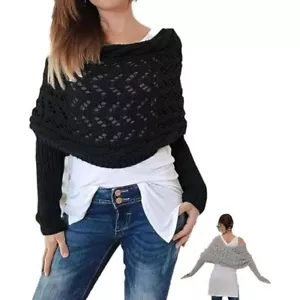 Cable Sweater Shawl Wrap with Sleeves Knit Scarf Sweater  for Women - Picture 1 of 15