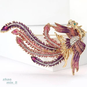 Gold Tone Enamel Phoenix Brooch Pin Crystal Rhinestone Brooches Party Jewelry - Picture 1 of 7