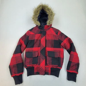 OP Ocean Pacific Bomber Jacket Women Size S Red Black Plaid Lined Faux Fur Hood - Picture 1 of 9