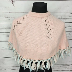 Jillian's Closet Girls Pink Knit Poncho With Fringe 80% Lamb's Wool 20% Nylon - - Picture 1 of 9