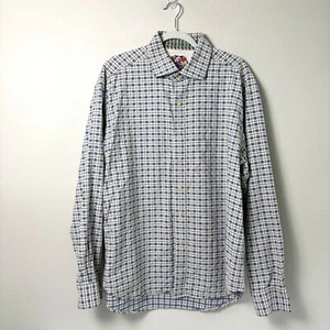 Robert Graham Button Up Shirt Size 2XL Blue White Gray Check Flip Cuff Silk Trim - Picture 1 of 16