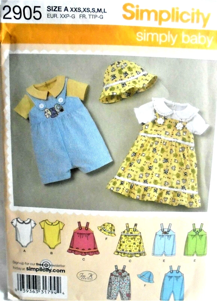 Simplicity 2905 Baby's Jumper, Romper, Hat, Bodysuit Pattern-XXS,XS,S,M,L/New/FF - Image 1 of 2
