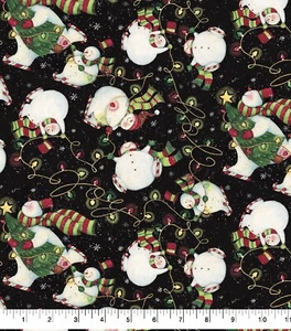 Christmas Fabric - CP67151 Susan Winget Lights & Snowman Black - Springs 24" - Picture 1 of 1