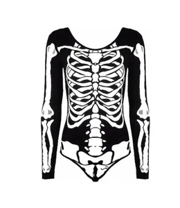 Top body donna scheletro Halloween manica lunga body UK 8-26 - Foto 1 di 3