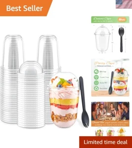 50 Pack 16 oz Clear Plastic Dessert Cups with Dome Lids and Sporks for Ice Cream - Picture 1 of 9