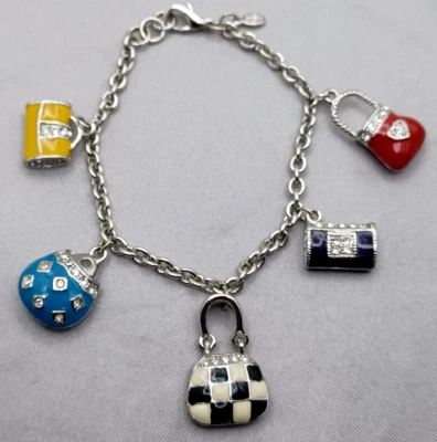 Premier Designs Cartera Dije Pulsera 5 Dijes Cristales y Esmalte Colorido 7.25" Foto 1 de 4