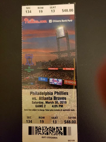Bryce Harper 1ST HR as Philadelphia Phillies FULL TICKET STUB 3/30/2019 #2 Cover