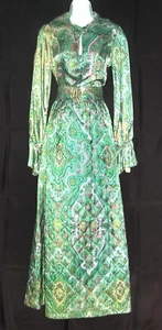 1960'S-70'S VINTAGE FABULOUS GREEN PAISLEY 2 PC OUTFIT MAXI SKIRT CHIC COCKTAILS - Picture 1 of 5