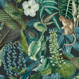 Amazon Exotic Wildlife Birds Monkey Flower GranDeco Wallpaper Black/Blue JF2202 - Picture 1 of 2