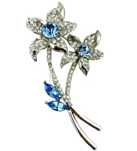 Double Flower Rhinestone Pin with Blue Center Vintage Jewelry - Picture 1 of 5