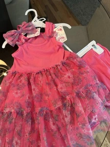 Girls' Floral Pink Dress with Matching Headband - Picture 1 of 5