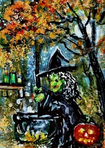 Original ACEO Gemälde HEXE Halloween Herbst Herbst Bäume Zauberkessel ATC ART - Bild 1 von 1