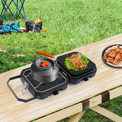 Faltbarer Campingkocher Mit Grillpfanne, Tragbarer 2-flammen-kocher Für Camping - Bild 1 von 4
