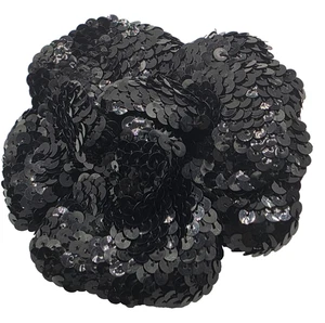 Vintage CHANEL Kamelie Blume schwarz Spitze Glitzer Corsage Anstecknadel Brosche - Bild 1 von 7