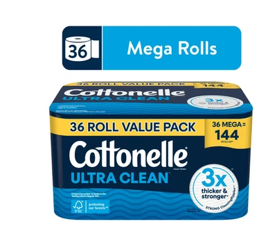 Cottonelle Ultra Clean Toilet Paper, Strong Toilet Tissue, 36 Mega Rolls