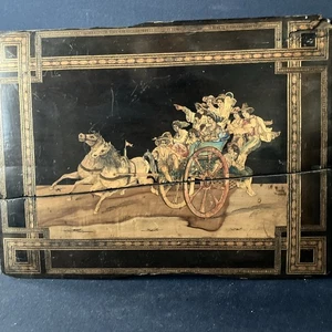 Antike Pyrographie Holz brennende Pferd-Männer Kutsche mit Figuren Kunststück - Bild 1 von 17