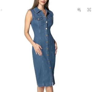 Bebe Stretch Denim Midi Dress Sz L Women's Button Front Crystal Logo - Picture 1 of 16
