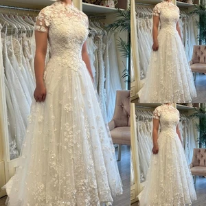 Lace Wedding Dresses Beach High Neck White A Line Short Sleeves Bridal Gowns - Picture 1 of 14