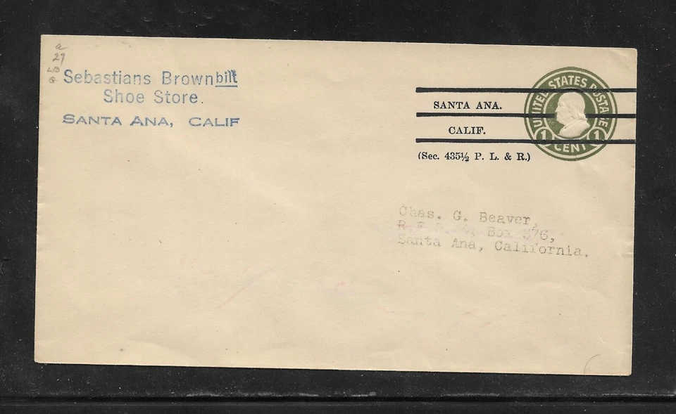 US Precancel Envelope: CA Santa Ana - 1a1 A 41 27; Used (Sebastians Shoe Store) - Image 1 of 1