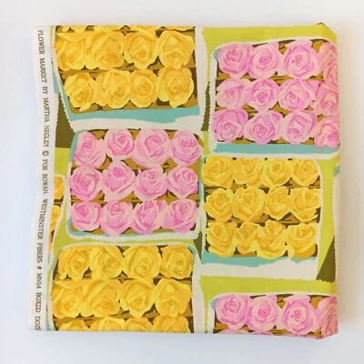 Martha Negley Flower Market Boxed Dozen PinkYellow Roses Cotton Fabric 35" x 42" - Image 1 of 4