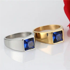 Men Women Square Cut Stone Signet Ring Stainless Steel Cocktail Statement Gift - Picture 1 of 35
