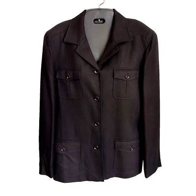 August Silk Womens Jacket Sz 10 Black Collar Pockets Button Front Lined Classic - Imagem 1 de 4
