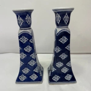 Pair (2) SILVESTRI Cobalt Blue and White Porcelain Taper Candle Holder 8" Tall - Picture 1 of 10