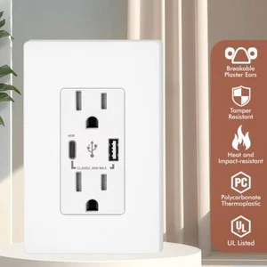 Toma USB C PD, 45W receptáculo decorativo de entrega de energía, resistente a la manipulación de 15 amperios, 4,8A - Imagen 1 de 10