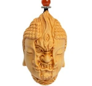 Boxwood Carved Buddha Devil Head Pendant Wooden Sculpture Statue Decor - Picture 1 of 4