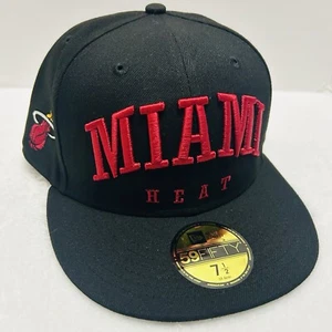 New Era Miami Heat Script Patch 59FIFTY Fitted Hat Cap Black 7 1/2 NBA - Picture 1 of 6