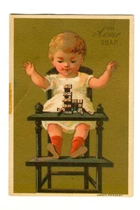 Antique 1880s USE ACME SOAP Victorian Trade Card! Baby in High Chair w Dominoes! - Picture 1 of 2