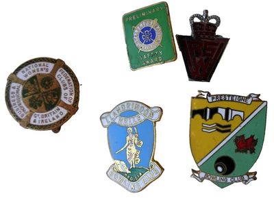 JOB LOT 5 VINTAGE ENAMEL BADGES:BOWLING PRESTIGNE/LLANDRINDOD: WOMENS CLUBS WRVS - Image 1 of 4